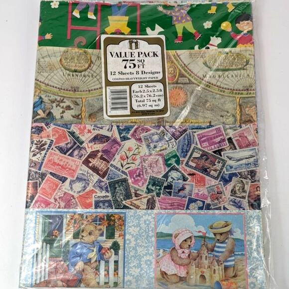 Unbranded Other - Vtg Holiday Wrapping Paper 12 Sheets 75 Sq Ft Automobiles Stamps Kids Music Map